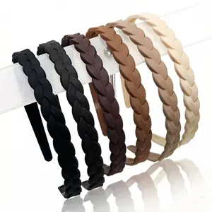 6 count Braided Plastic Headbands for Women and Girls, 12mm Width Pigtail Hairbands with inner , Multi-Color Pack, Black, Brown, Tan, Beige