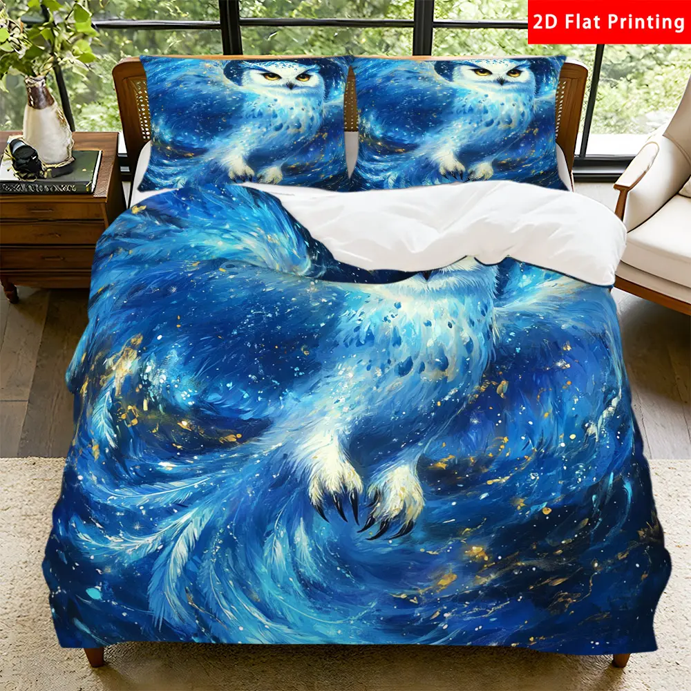 2/3 Pcs 2D Flat Fantasy Owl Duvet Cover Set Owl Bedding Set Quilt Cover 1 Duvet Cover + 1/2 Pillowcases Starry Night Top Sheet Decorative Bedding Bedroom Decor