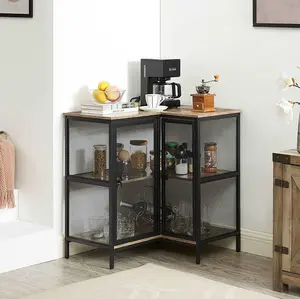VECELO 3 Tier Corner Cabinet with Doors Bookcase and Storage Shelves Multipurpose Free-Standing Table Display Organizer Storage Stand Coffee Bar Station for Living Room Home Office Kitchen