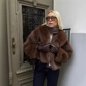 New European and American Style Winter Faux Fur Coat Eco-friendly Fox Fur Brown Short Retro Coat