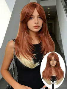 Lehanhair 26 Inch Rose Hairnet Long Wavy Curtain Bangs Air Bangs Wig for Women 26 Inch Natural Looking Synthetic Wig Center Part Natural Wave Wig Soft Heat Friendly Hair Comfortable Breathable Cap, for Daily Wear & Cosplay
