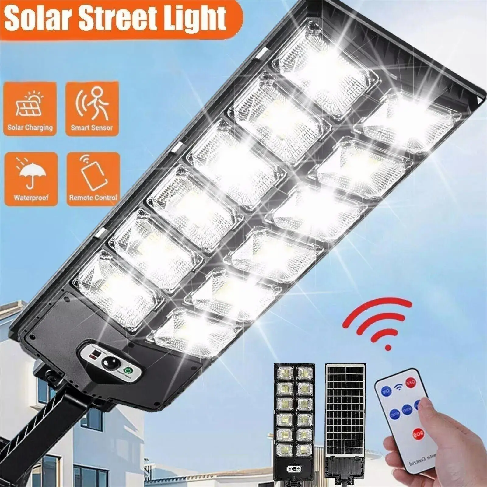 504 LED Outdoor Solar Street Light , Waterproof IP65, Dusk To Dawn, Wide Angle 6500K, Motion Sensor, Remote Control - Perfect For Commercial Yard Ligh