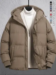 Men's Plain Pocket Zip Up Thick Warm Hooded Puffer Coat, Regular Fit Long Sleeve Padded Winter Coat, Menswear, Cold Weather Gear, Mens Clothing, Jackets for Men, Jackets, Men's Clothing