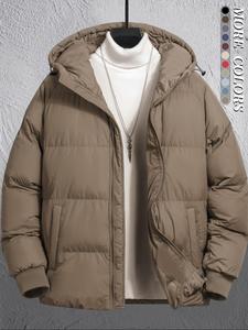 men's plain pocket zip up thick warm hooded puffer coat, regular fit long sleeve padded winter coat, menswear, cold weather gear, mens clothing, jackets for men, jackets, men's clothing