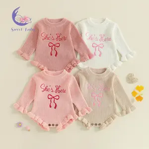 Baby Girls Knit Romper, Long Sleeve Crew Neck Embroidery Bow Letters Bodysuit Sweater for Casual Daily