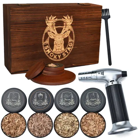 Smoky Stag Cocktail Smoker Kit - Drink Smoker for Old Fashioned Bourbon, Whiskey & Craft Cocktails - Includes 4 All-Natural Wood Chip Flavors & Cleaning Brush - Great Gift For Men (BUTANE NOT INCLUDED)