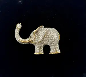Jewelry, Broach, Elephant, Rhinestones, Goldtone Finding, Uplifted Trunk, Free Shipping