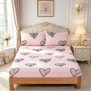 3-piece bedding set with minimalist pink background and large black heart print. It is a printed fitted sheet for bedroom use, including 1 fitted sheet and 2 pillowcases. Ideal for home bedroom decoration, soft and comfortable, suitable for all seasons.