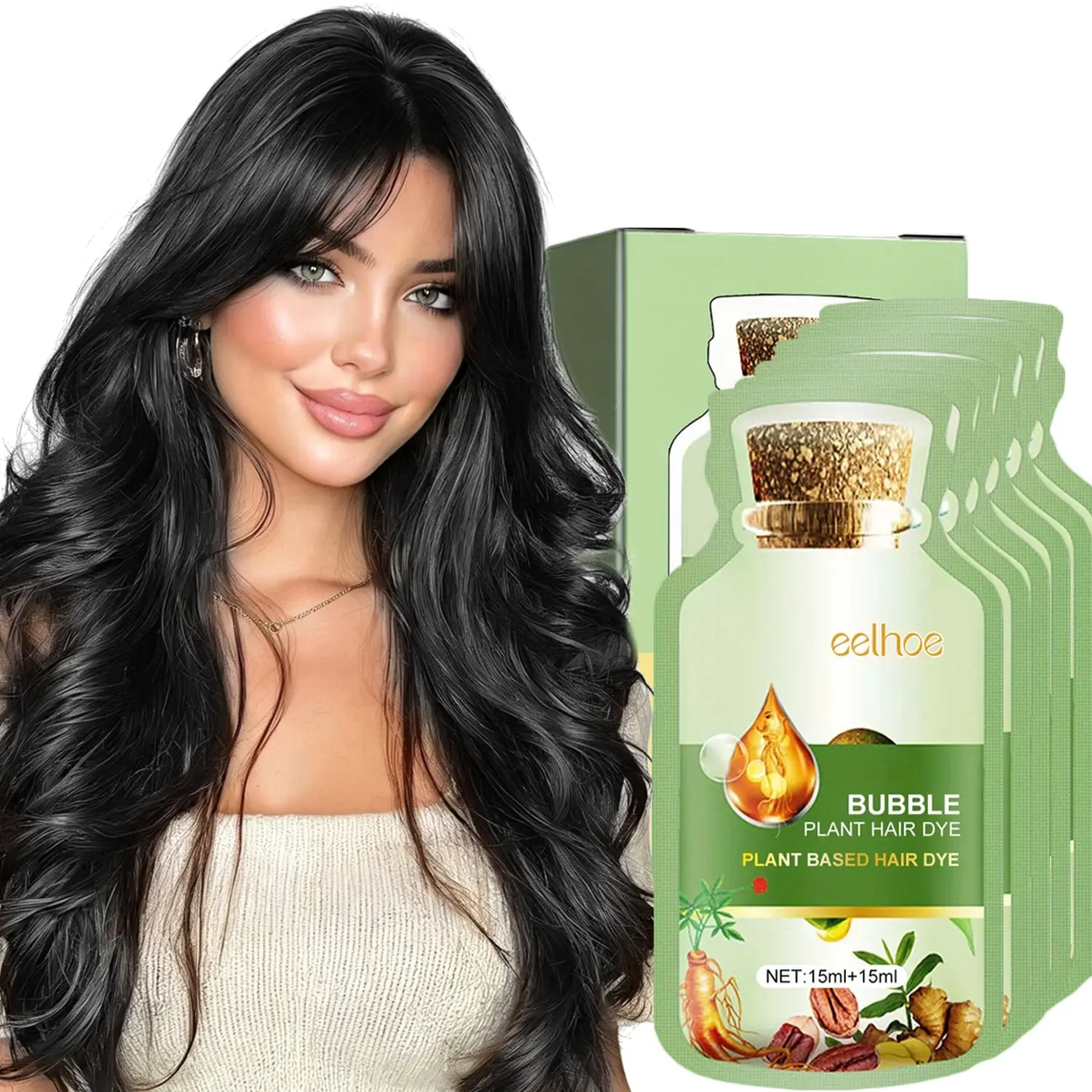 Natural Plant Hair Dye for Gray Hair, Botanical Plant Hair Color with Plant Extracts, 2-in-1 Bubble Hair Dye & Conditioner, Easy Gray Coverage for Women & Men, 10 Sachets (Natural Black)