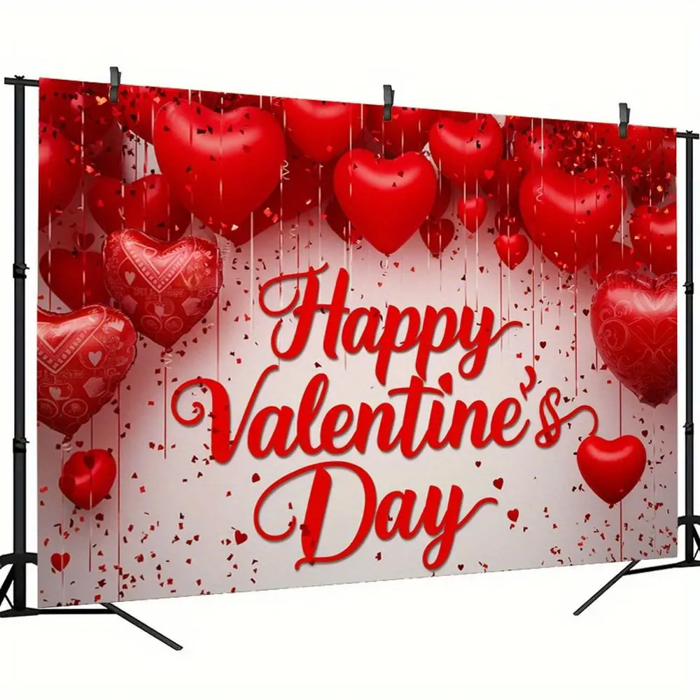 1PC 2D Flat Polyester Valentine's Day Backdrop - Romantic Love Heart Balloons Decoration, Large-Size Happy Birthday Indoor Party Photography Curtain, Vinyl Banner Tent Prop