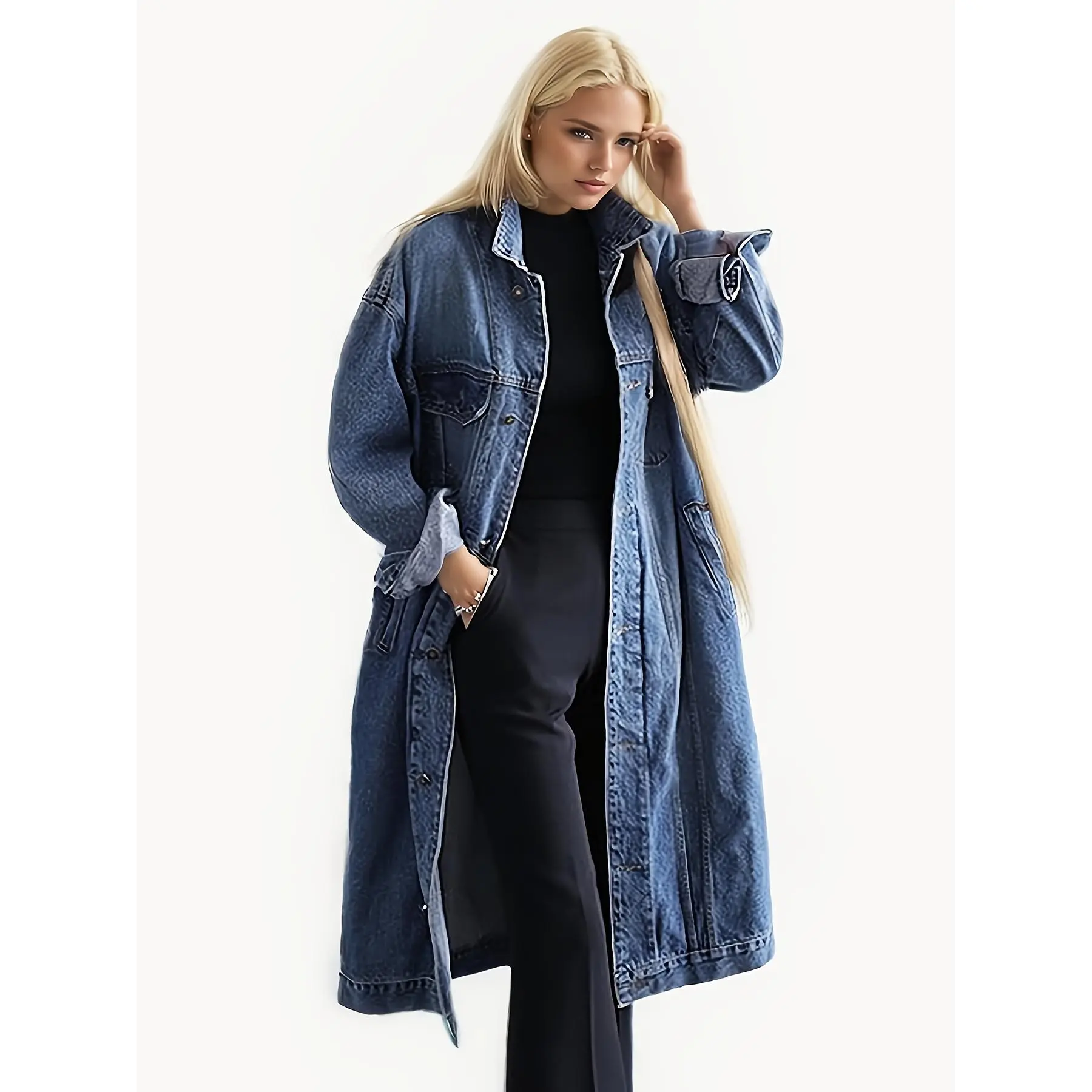 Women's Classic Solid Cotton Woven Modest Denim Jacket - Long Sleeve, Button-Up, Lapel Collar, Regular Fit, Fall-Winter Casual Outerwear, Hand Wash Only, Do Not Dry Clean