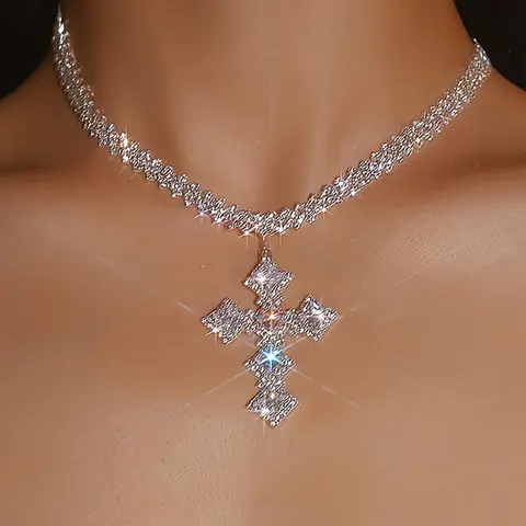 Elegant Luxury Rhinestone Decor Cross Statement Necklace for Women, Gorgeous Necklace, Chic Jewelry for Party, Rhinestone Decorated Necklace, Decorative Necklace