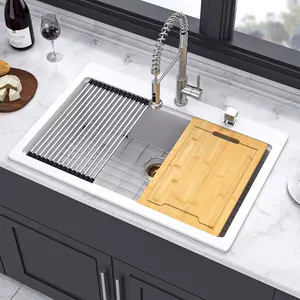 33" x 22" Drop-in Single Bowl Quartz/Granite Composite Kitchen Sink with Workstation in Matte White RX-QS04-3322W