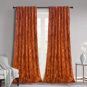 Burnt Orange Velvet Curtains 2 Panel Set - 96 inches Long Room Darkening Luxury Distressed Crushed Velvet Rod Window Drapes for Living Room Bedroom 52" W x 96" L