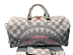 SG Grey Check Shark Mouth Large Capacity Travel Bag, Unisex Handbag/Camera Bag/Carry-on Luggage
