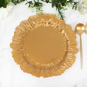 10 Pack Economy Plastic Charger Plates – 13" Gold Reef Rim Design Chargers for Weddings & Parties