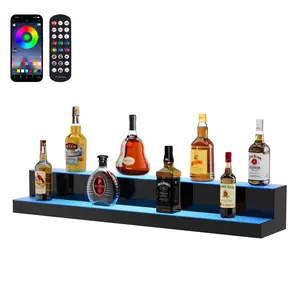VEVOR LED Lighted Liquor Bottle Display, 2 Tiers 40 Inch Commercial Illuminated Home Bar Shelf, 2 Steps Whiskey Rack Stand, Acrylic Drink Shelves with RF Remote App Control, and Multicolor lighting