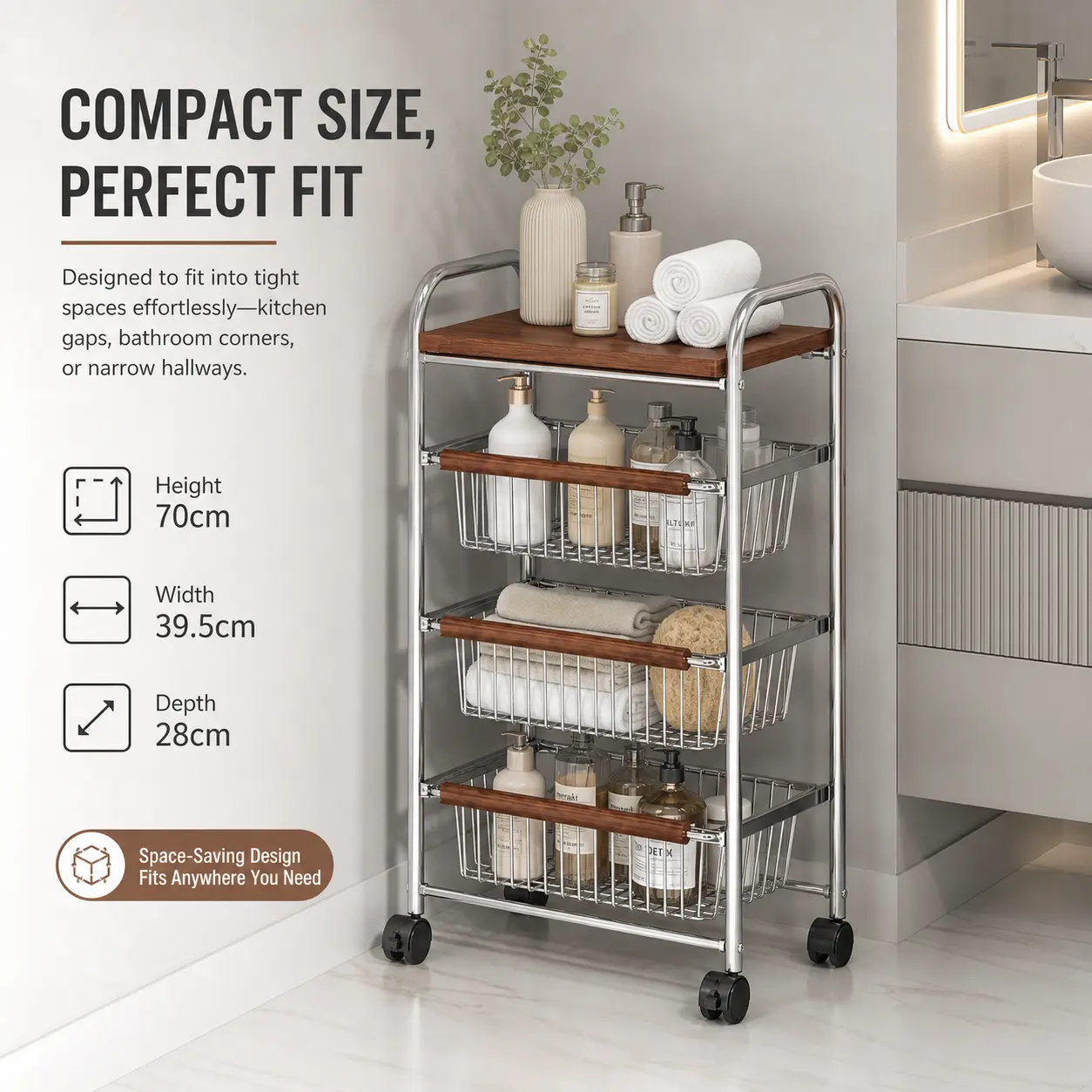 Space Saving Slim Rolling Cart with Wooden Top Handle, 3 Layer Mesh Basket Storage Trolley on Lockable Wheels, Ideal Narrow Gap Organizer for Small Bathroom Kitchen Apartment