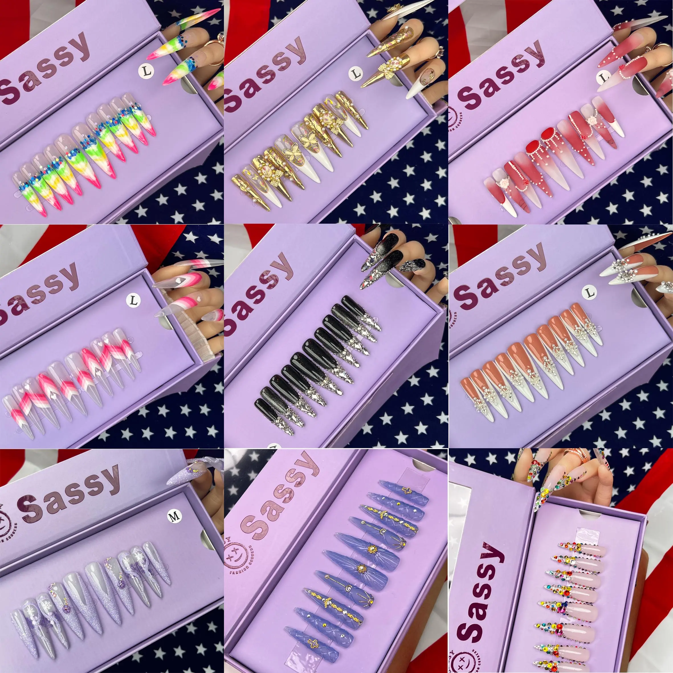 SASSY False Nails Long Fingertips (Length: 1.8”J01-07 )10 Pieces Hand Pressed on Pointed nails handmade acrylic material