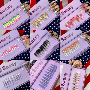 SASSY False Nails Long Fingertips (Length: 1.8”J01-07 )10 Pieces Hand Pressed on Pointed nails handmade acrylic material