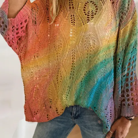 Women's Boho Rainbow Gradient Knit Top, Loose Fit Batwing Shoulder Design, Long Sleeve, Casual Elegant Vacation Style, Spring Summer Fall Fashion, Knitwear Bohemian Vibe, Lightweight, Batwing Tops