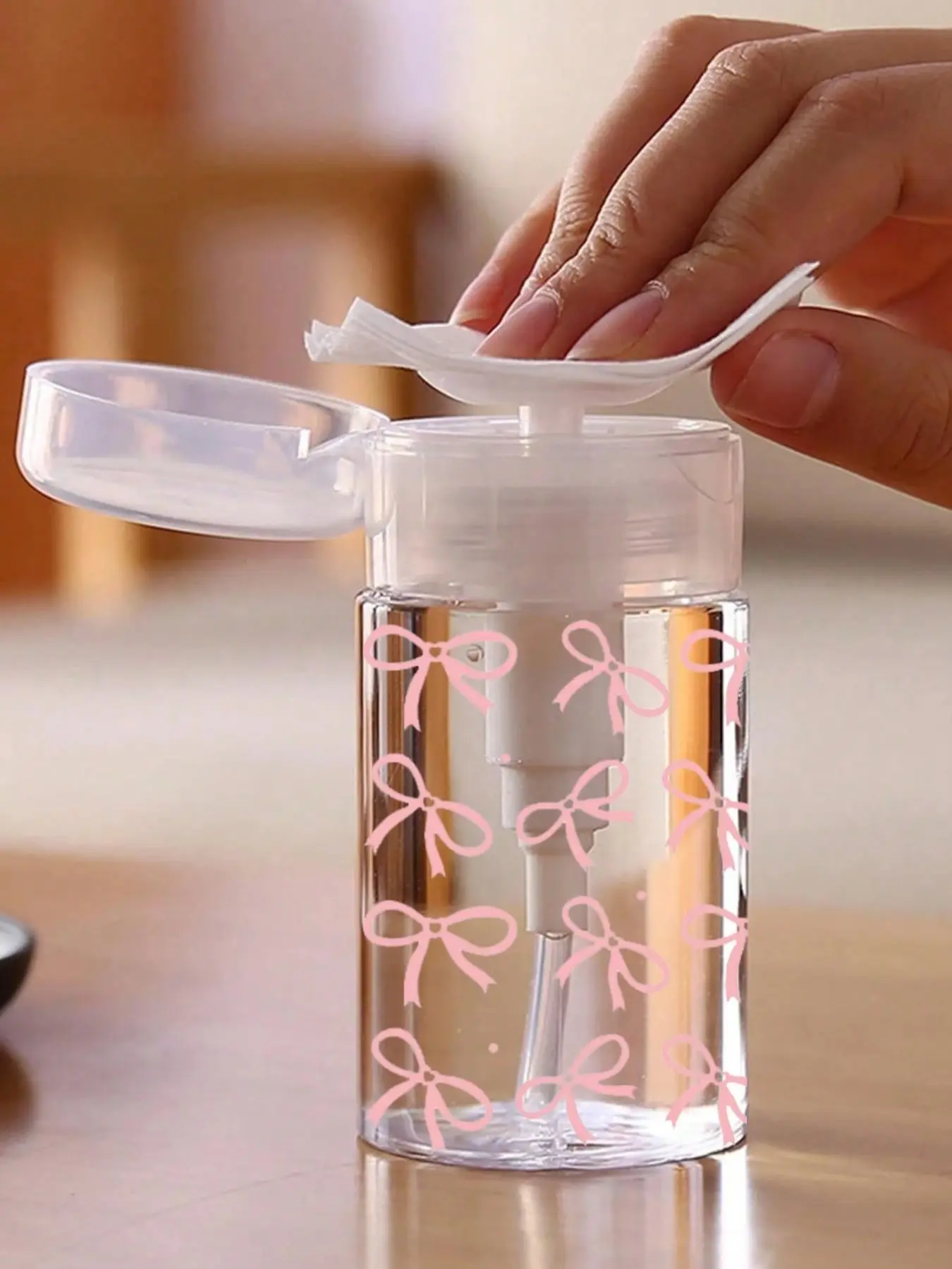 150ML/200ML/300ML Nail Polish Remover Press Bottle, Transparent Bow Design, Refillable Design, Reusable Alcohol Removal Container, Travel Essential