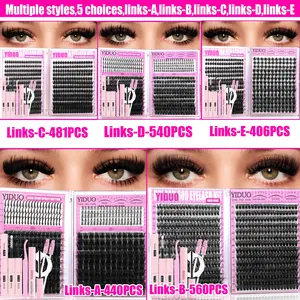 2/4 Style Eyelash Cluster Set, DIY Eyelash Extensions, 200D/300D Bottom/forked Lashes, 5-20mm Makeup Eyelashes Extension Kit, 440/481/406/560/540 Pieces, Includes Glue, Remover, Tweezers, Brush