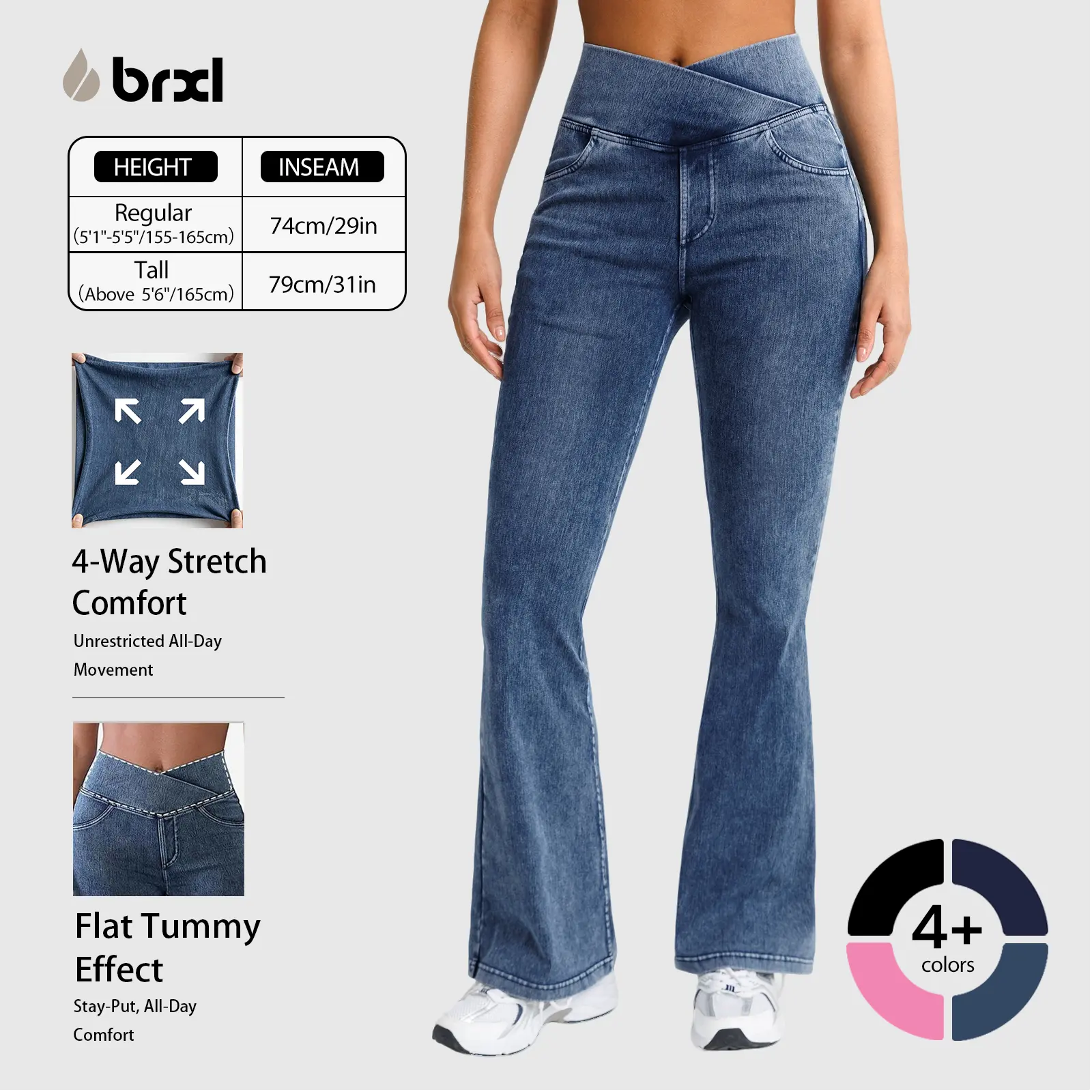 BRXL Women's High-Waisted Stretchy Crossover Denim Bottoms - Fitted Flare Bootcut Sports Pants with Pockets, Women's Fashion Flare Leggings Style Streetwear, Bottom, Sports Bottoms, #hoco #falloutfits