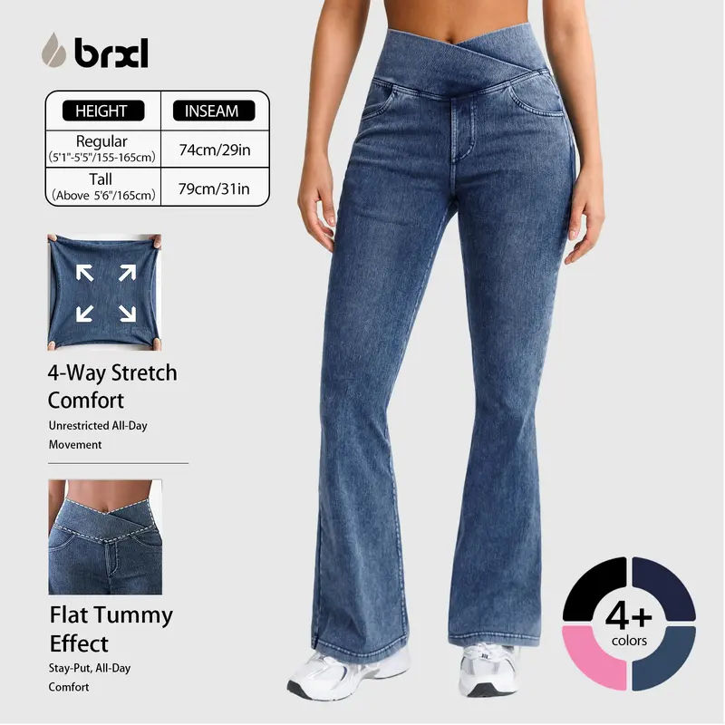 BRXL Women's High-Waisted Stretchy Crossover Denim Bottoms - Fitted Flare Bootcut Sports Pants with Pockets, Women's Fashion Flare Leggings Style Streetwear, Bottom, Sports Bottoms, #hoco #falloutfits