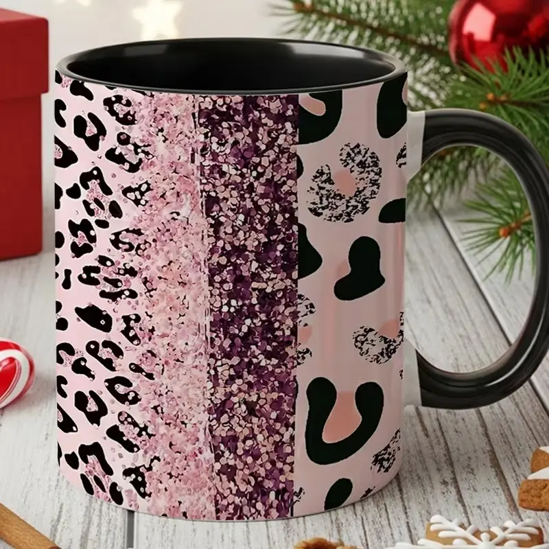 Pink Leopard Glitter Split Print Coffee Mug 11oz, Black Interior Handle ...