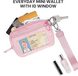 The Iris Wallet for Women Mini Zip Card Case with Clear ID Window Zipper Coin Purse Lightweight Portable Keychain Wallet（Beige）Free Express