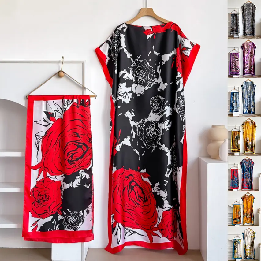 Luxury Satin Printed Batwing Sleeve Kaftan Dress Set - Loose Fit, Included Shawl, Ideal for Resort Wear, Beach Outfits, Sports & Outdoor Clothing