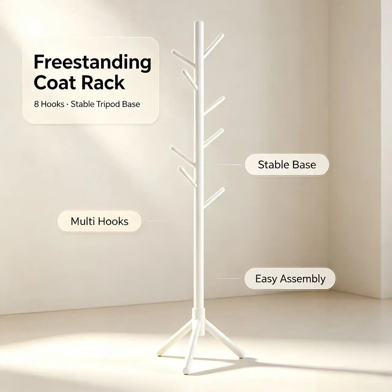 Minimalist Wood Frame Tree-Shaped Freestanding Coat Rack - 8-Staggered-Hooks Floor Hanger, Anti-Tipping Stable Tripod Base, Space-Saving Home Essential for Entryway, Bedroom, Easy Setup for Coats, Hats, Bags