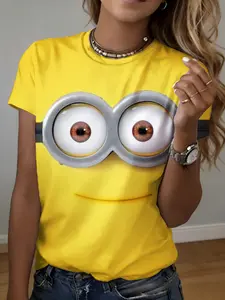 Women's short sleeve T-shirt Minion Eyes And Smile Print 3D full-frame printing spring and summer fashion trend sports women's soccer jersey summer sister solid pattern winter spring and autumn