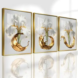 3 Counts Aluminum Alloy Framed Painting, Elegant White Iris And Golden Splash Art Pictures, Home Decoration For Living Room, Bedroom, Office, Restaurant, Hallway Wall Decor, Odorless Print Artwork, Luxury Perfect Gift For Friends And Family