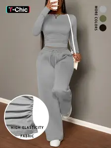 Women's Solid Color Long Sleeve Fitted Knit Fabric Basic Two-Piece Set, Casual Round Neck T-Shirt & Drawstring High Waist Pants, Fall Fashion Womenswear Clothes