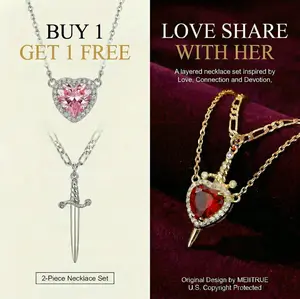 MEIITRUE She Love it Love Sharing , Buy 1 Get 1 Free 14K Gold Plated Heart & Sword Pendant Necklace Set For Her Her & Her Him Zirconia Dagger Cross Layer Necklace Jewelry Set With Gift Box Perfect Matching Special Moment for Couples To Share Love