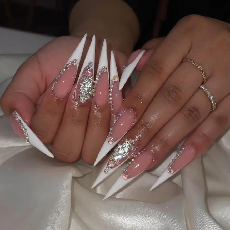 Bling French Tip Press On Nails Set, 3D Rhinestone Wedding Handmade Sparkly Glitter, Luxury Fake Nails Hand Painted, Gif For Her
