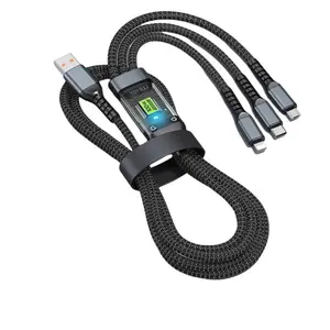 3-In-1 100W LED Indicator Transparent Fast ChargingCable with Digital Display, Braided USB CCable Real Time Fast Charging for iPhoneSamsung OPPO, Portable Charger DataCable, Back to School