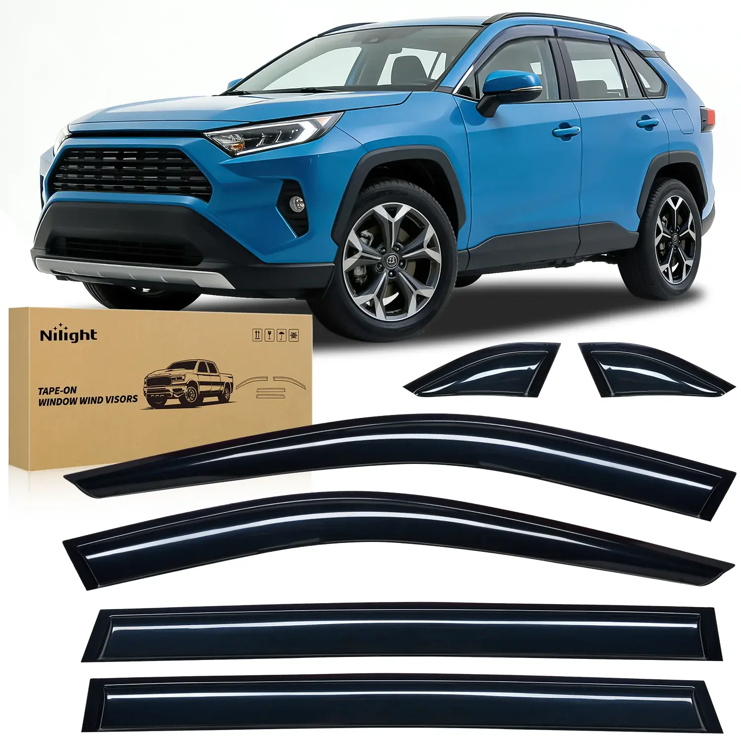 Nilight Automotive Acrylic Out-Channel Side Window Visor Deflectors - 6-Piece Vent Wind Guards for Toyota Rav4 2019-2024, Visor-Mounted Sun Mirror Exterior Accessories, Visor Deflector