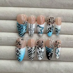 Y2K Cyberpunk Press On Nails, Blue Animal Print Nail Art, Zebra Leopard Pattern Nails, Star and Rhinestone Fake Nails, Cool Girl Aesthetic Press Ons, Reusable Handmade Nails, Birthday Gift for Teen Girl, Edgy Style Nails