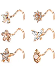 6 PCS 20G Stainless Steel Nose Ring Stud L-Shape Nose Rings Cubic Zirconia Butterfly Nose Screw Studs Rings Flower Nose Piercing Ring