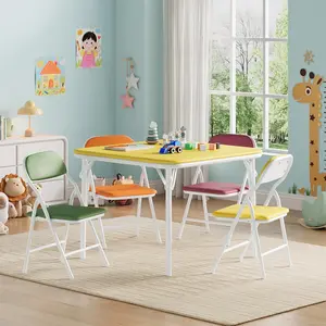 Folding Kids Table and Chair Set - 5-Piece, PU Upholstered, Easy to Clean, Portable - Ideal for Playroom, Nursery, Dining Room, Daycare, Study Area