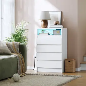 4 Drawer Dresser, Storage Cabinet with Charging Station and LED Lights, Modern Chest of Drawers with Power Outlet, Organizer Cabinet for Living Room, Bedroom, Entryway, White
