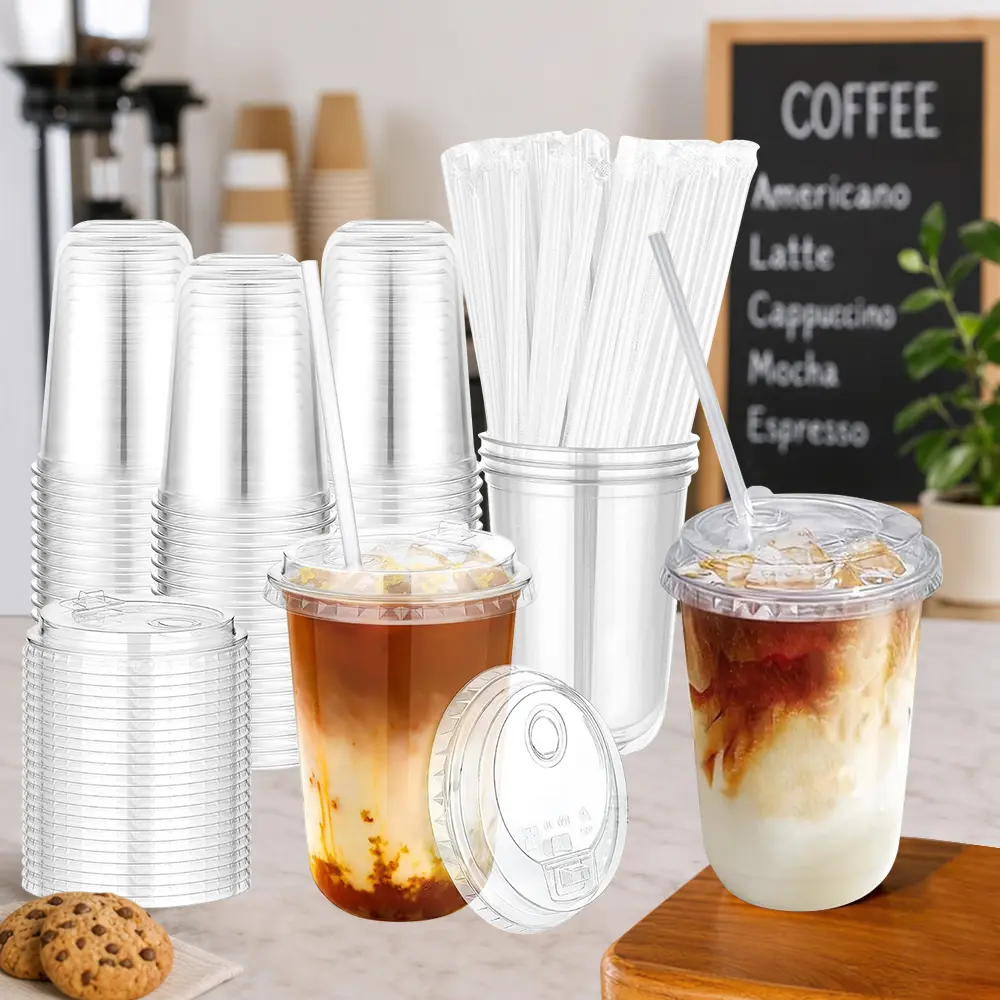 50 Pack 16oz Clear Plastic Cups with Sip Lids & Straws，Disposable Elevated Dual-hole Lid Round Bottom To Go Cup for Iced Coffee Cold Beverage Juice Smoothie Lemonade Party Catering Supplies