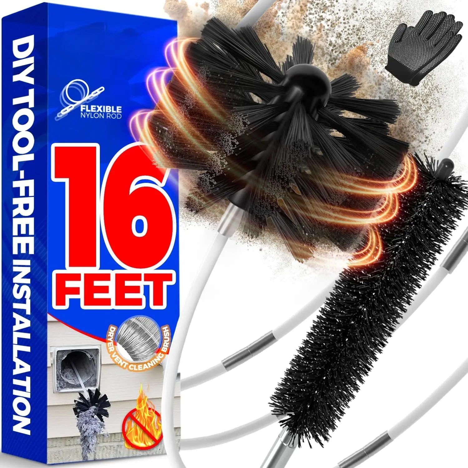 16-in Adjustable Dryer Vent Duct Cleaner Kit with Lint Remover, Synthetic Brush, Flexible Rods & Chimney Cleaning Tool – DIY Household Cleaning Tool, Works with/Without Power Drill, Fits Exhaust Ports, Diy Tool, Lint Removal