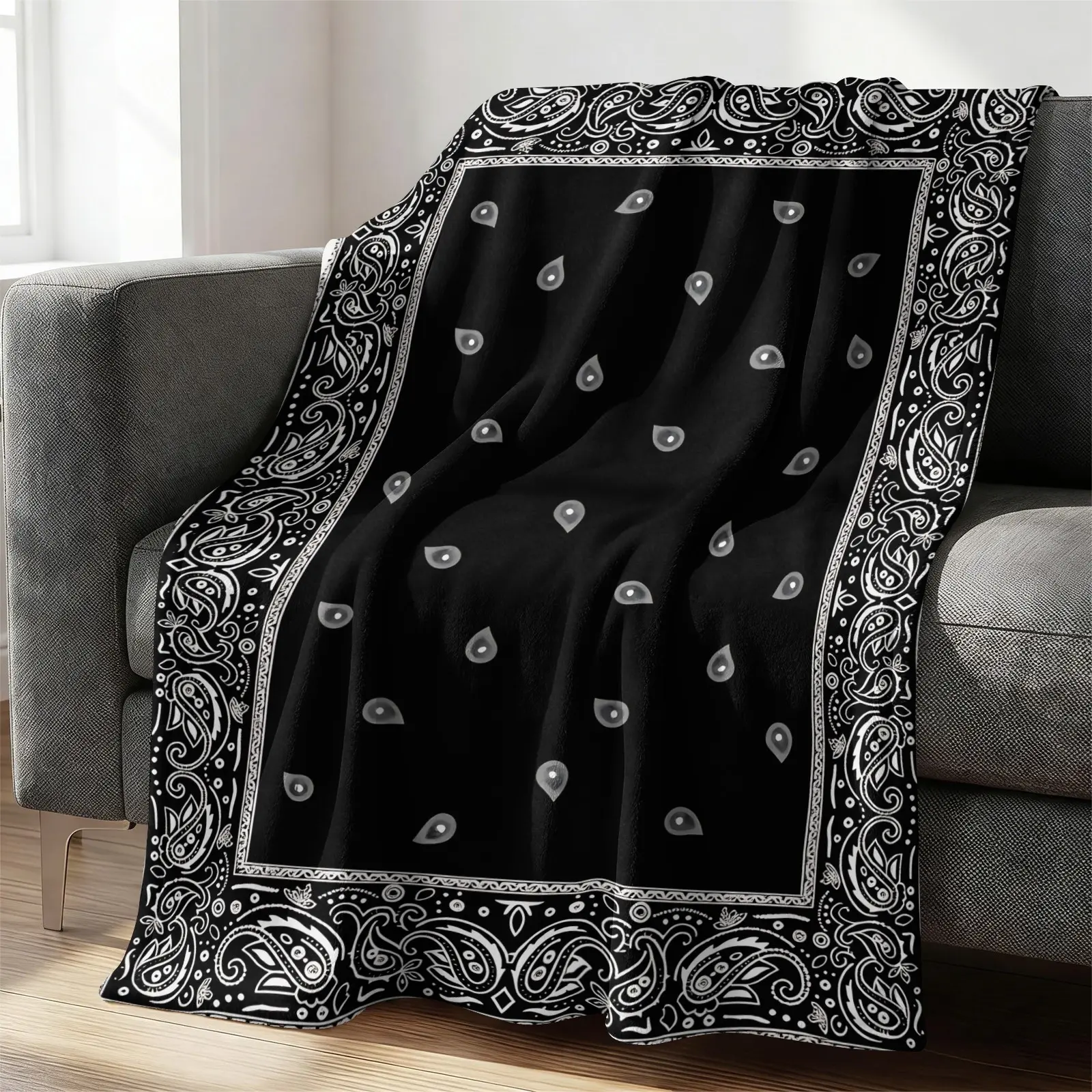Classic Black-White Paisley Print Flannel Blanket, White Paisley Border Square Scarf Design, Comfortable Thick Soft, Car Travel Camping Office Nap Throw Cover, American Retro Street Style Home Decor