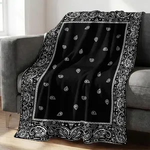 Classic Black-White Paisley Print Flannel Blanket, White Paisley Border Square Scarf Design, Comfortable Thick Soft, Car Travel Camping Office Nap Throw Cover, American Retro Street Style Home Decor