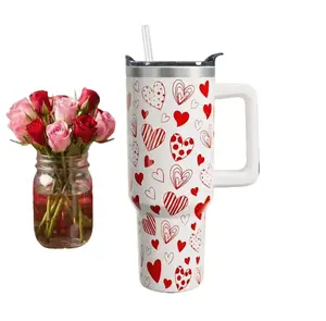 Valentine Red Heart Pattern 40oz Stainless Steel Tumbler with Handle and Straw – Insulated Travel Mug, Double Wall Vacuum Cup for Hot & Cold Drinks, Cute Romantic Water Bottle Gift for Women