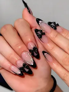 24pcs Medium Almond-Shaped Nail , Black French Pointed Tip Design With Bow & Rhinestone Decor, Elegant & Chic, Suitable For Women & Girls For Daily Wear, Dates, Office, Home, Parties, Valentine's Day Nails Nail Supplies